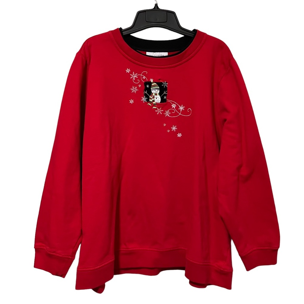 Breckenridge Woman Embroidered Snowman Red Double Collar Crewneck Sweatshirt